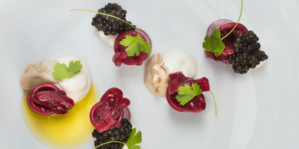 Beetroot Pasta, Red Onion, Yoghurt, Oysters and Caviar by by Emanuele Scarello