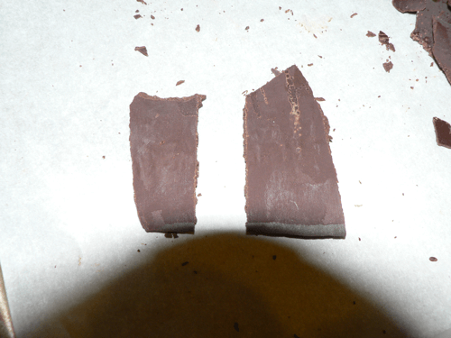 Properly tempered chocolate is dark brown and snaps cleanly