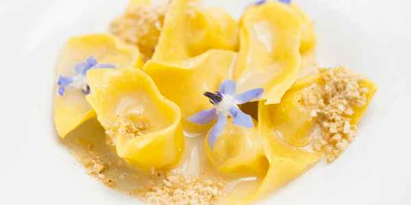 Tortelli with Parmesan, lavender, Nutmeg and Almond by Aurora Mazzucchelli