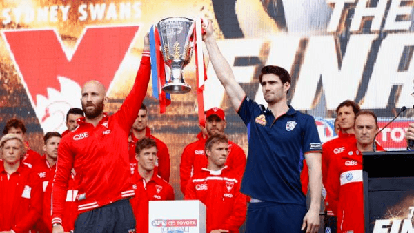 Jarrad McVeigh and Easton_Wood hold the AFL premiership cup