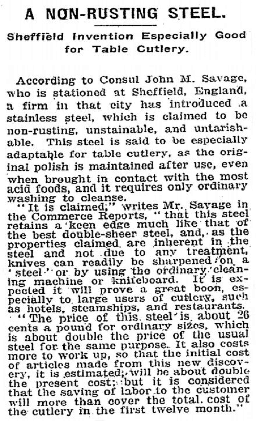 In 1915 The New York Times announced the discovery on Non-rusting Steel