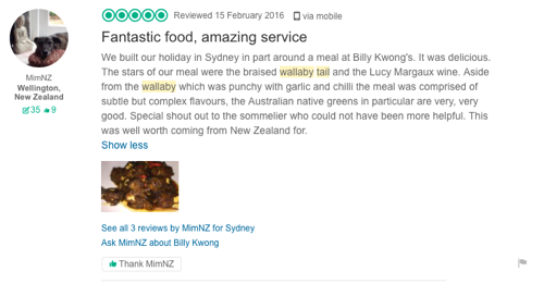 Billy Kwong - Red-Braised Carmelised Wallaby Tail TripAdvisor