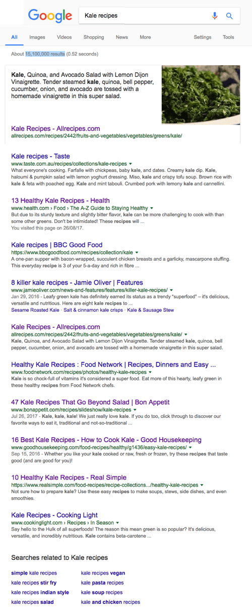 Google Search for Kale Recipes
